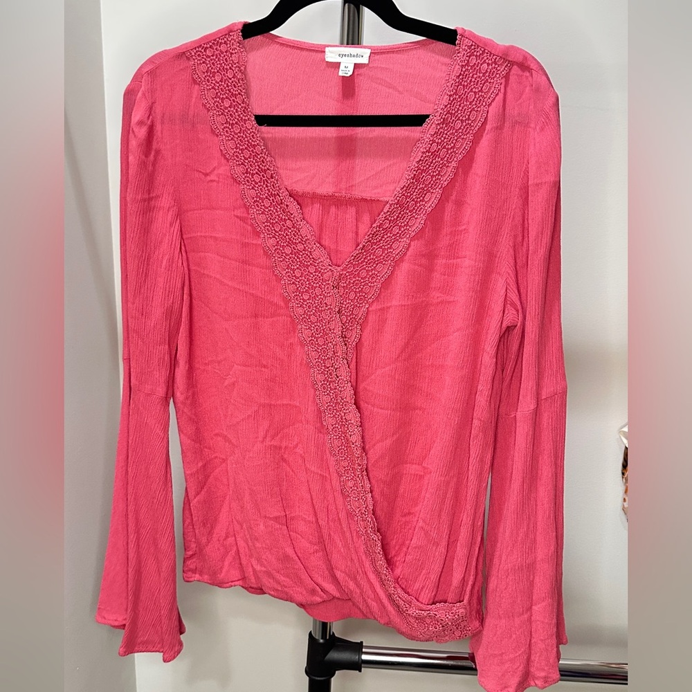 Chic Pink Wrap Blouse with detailed  V-Neck, Medium